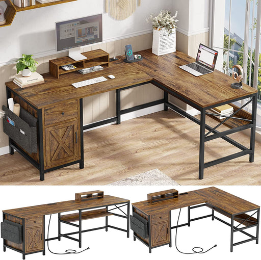 Rustic Brown L-Shaped Desk with Drawer & Storage