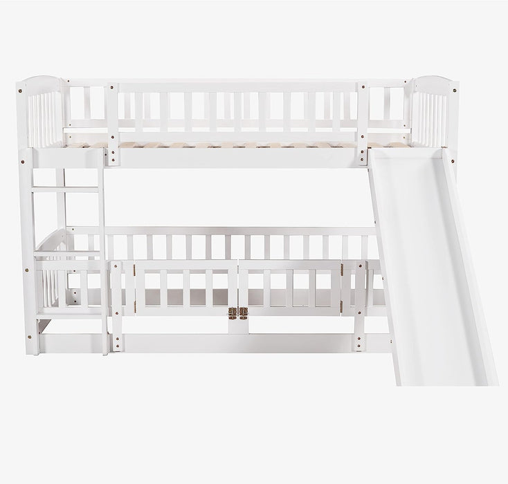 Twin Low Bunk Bed with Openable Fence and Slide, White