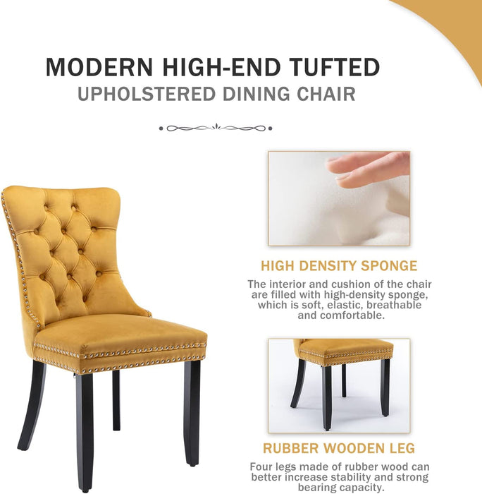 Gold Velvet Dining Room Chairs, Tufted, Ring Pull Trim