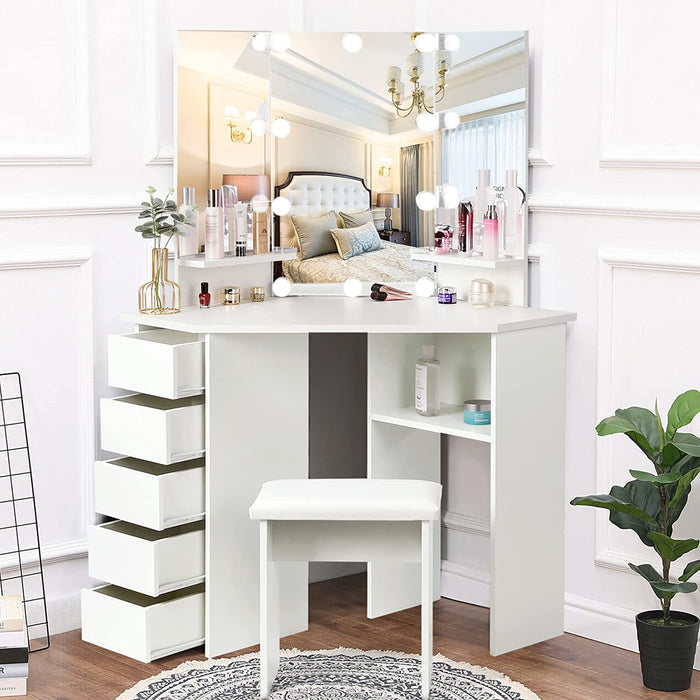 Vanity Desk Set with Lighted Mirror & Shelves