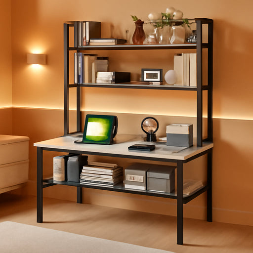 55-Inch White Desk with Hutch and Bookshelf