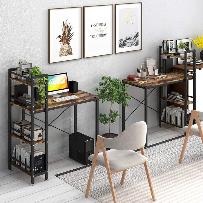 Small Rustic Desk with 4-Tier Bookshelf