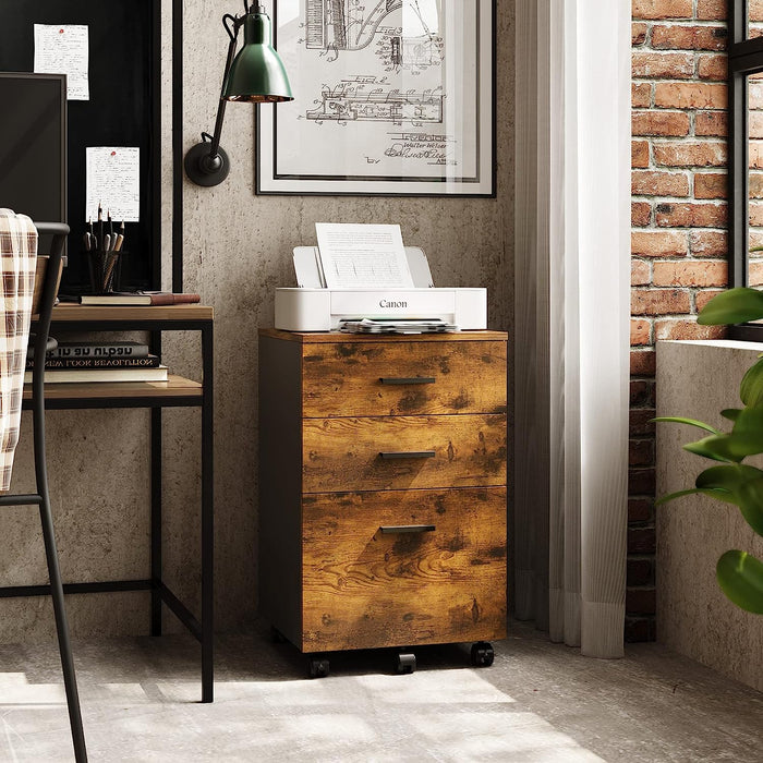 Rustic Brown Rolling File Cabinet with 3 Drawers