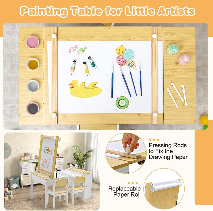 Costzon Kids Art Table and Chair Set, Wooden Drawing Painting Craft Center  with Paper Roll, 2 Markers, 2 Storage Bins, Kids Activity Play Table with 2