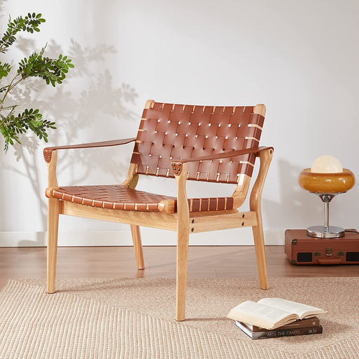 Boho Oak and Leather Accent Chair