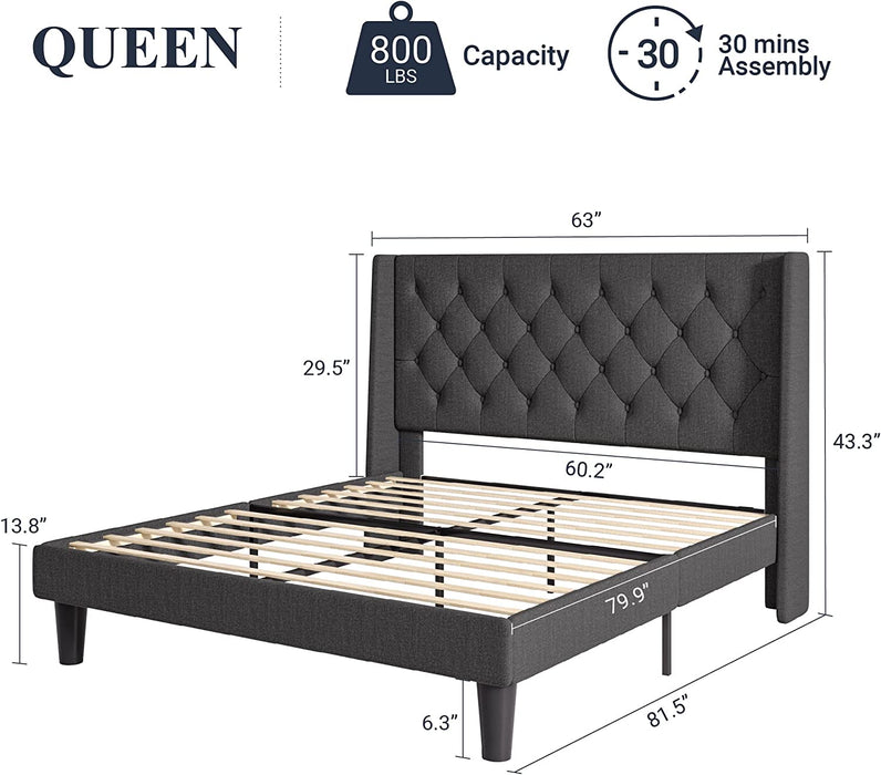 Queen Size Platform Bed Frame, Button Tufted Wingback Headboard, Modern Upholstered