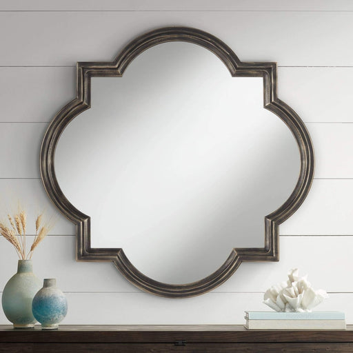 Quatrefoil round Vanity Decorative Wall Mirror Vintage Rustic Oil Rubbed Bronze Brown Layered Wood Finish Frame 34" Wide for Bathroom Bedroom Living Room Home House Office Entryway