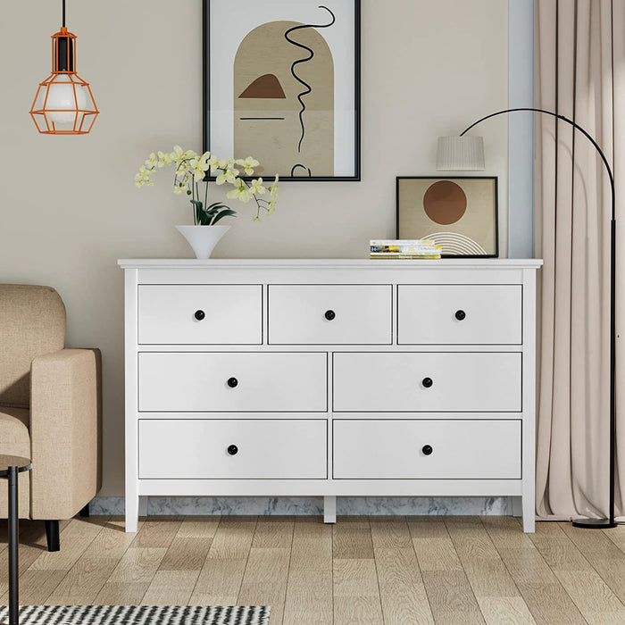 White 7-Drawer Modern Dresser with Solid Wood Legs