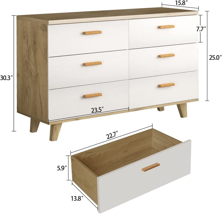 Modern White Wood Dresser with 6 Drawers