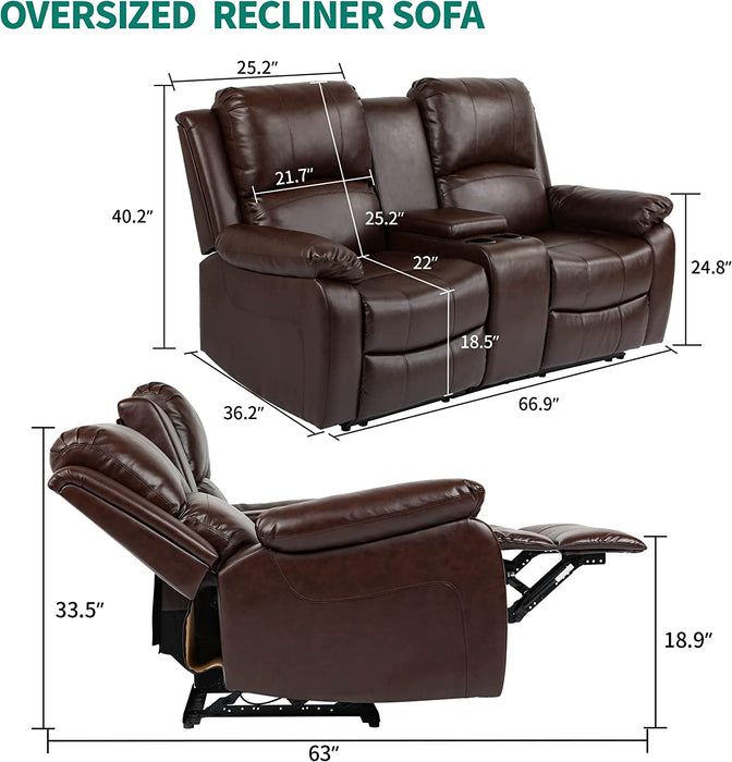 Loveseat Recliner, Manual Double Sofa Loveseat, Home Theater Seating with Storage Console, Double Recliner RV Sofa with Cup Holders and Side Pocket for Living Room