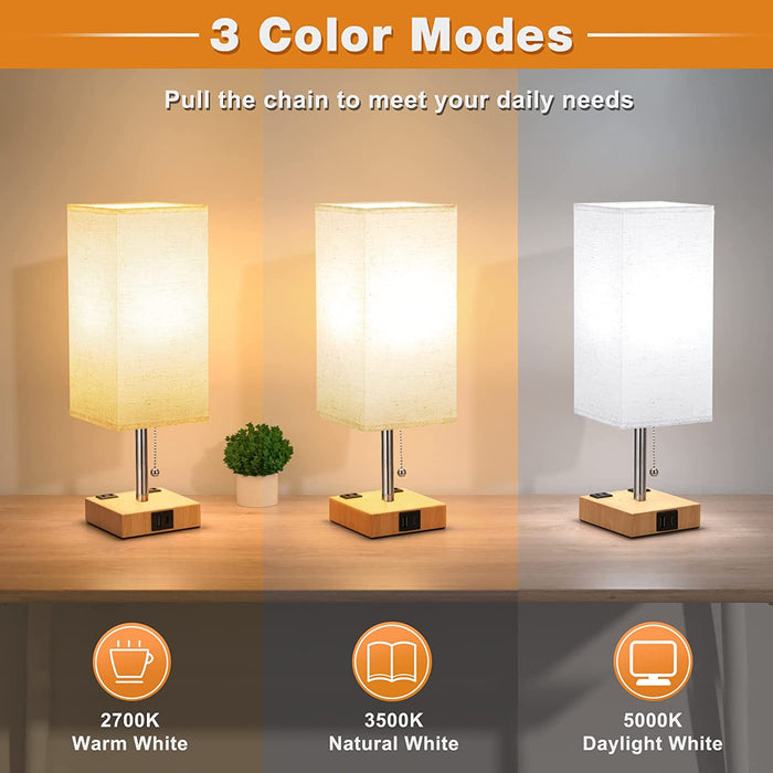 Bedside Lamp with 3 Color Modes - Table Lamp for Bedroom with USB C+A Charging Ports, 2700K-5000K Nightstand Lamp with USB Port and Outlet, Small Table Lamp for Bed Side Guest Room Living Room Nursery