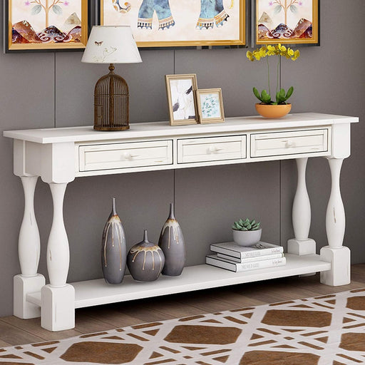 Antique White Console Table with Drawers and Shelf