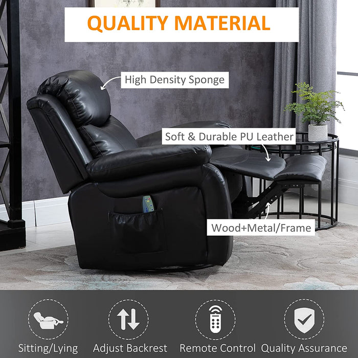 HOMCOM PU Leather Massage Recliner, Swivel Rocker Sofa, Black