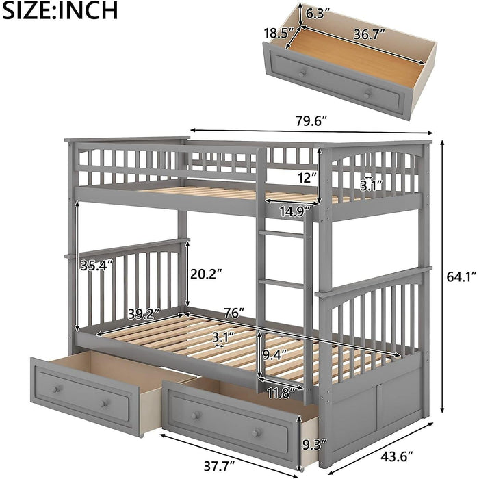 Grey Twin Bunk Bed with Storage, Drawers, and Safety Rail