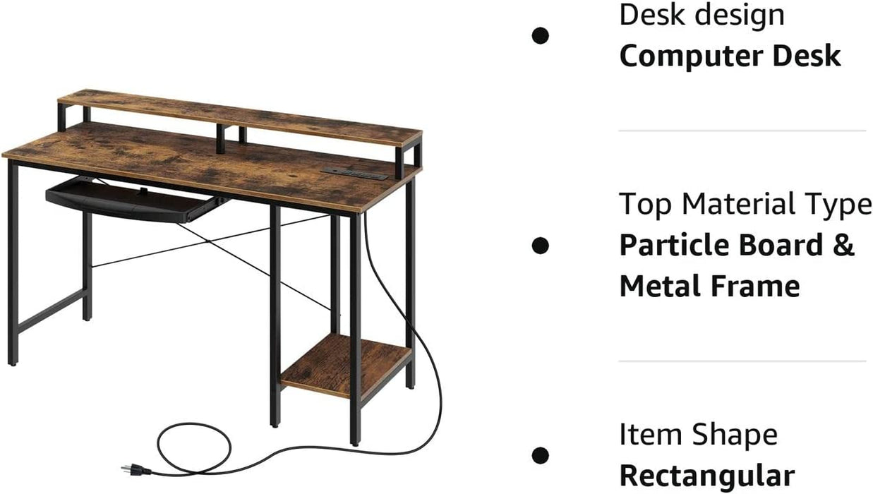 Rustic Brown Computer Desk with Power Outlet