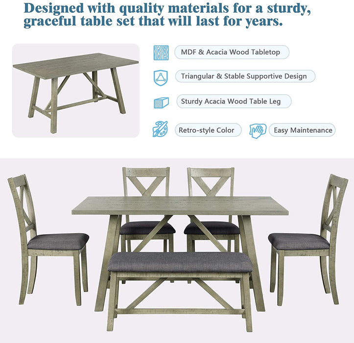 Rustic Gray Wooden 6-Piece Dining Table Set with Cushioned Chairs and Bench