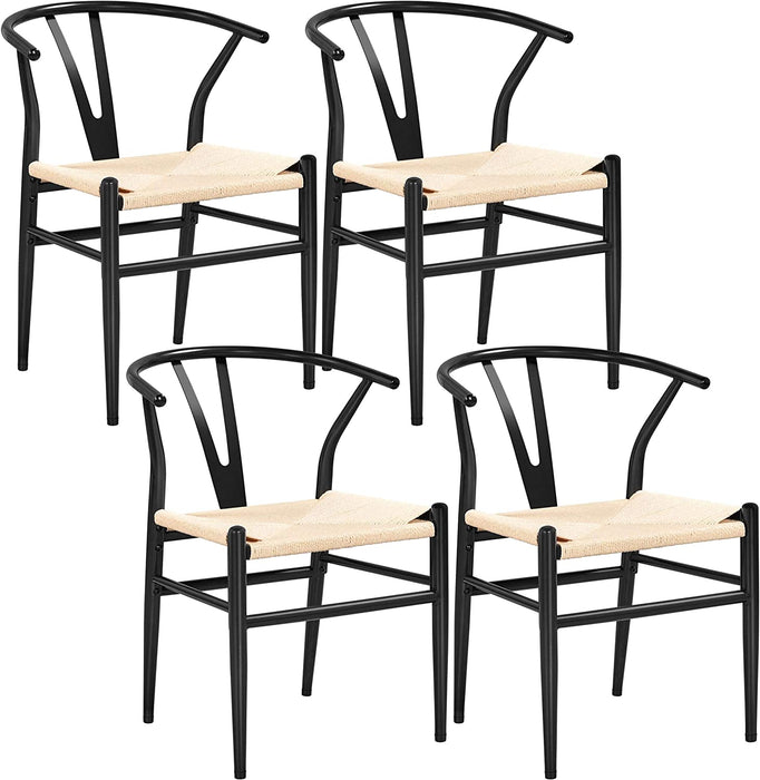 Set of 4 Black Hemp Seat Mid-Century Metal Dining Chairs