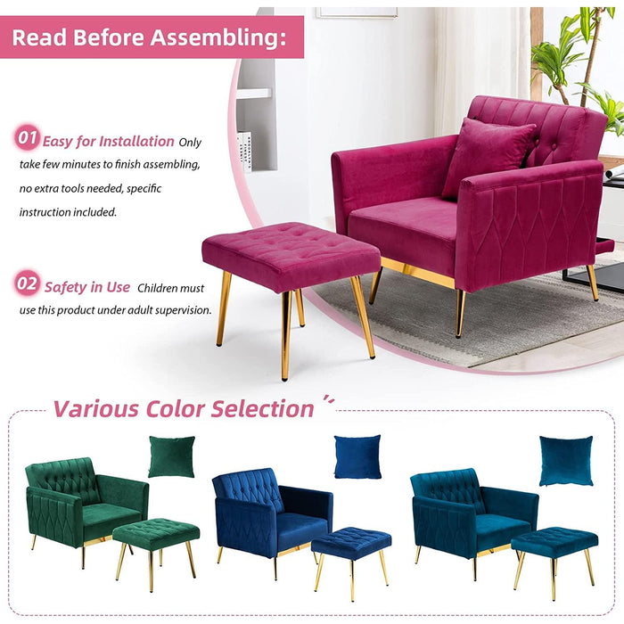 Velvet Accent Chair with Adjustable Armrests, Fuchsia