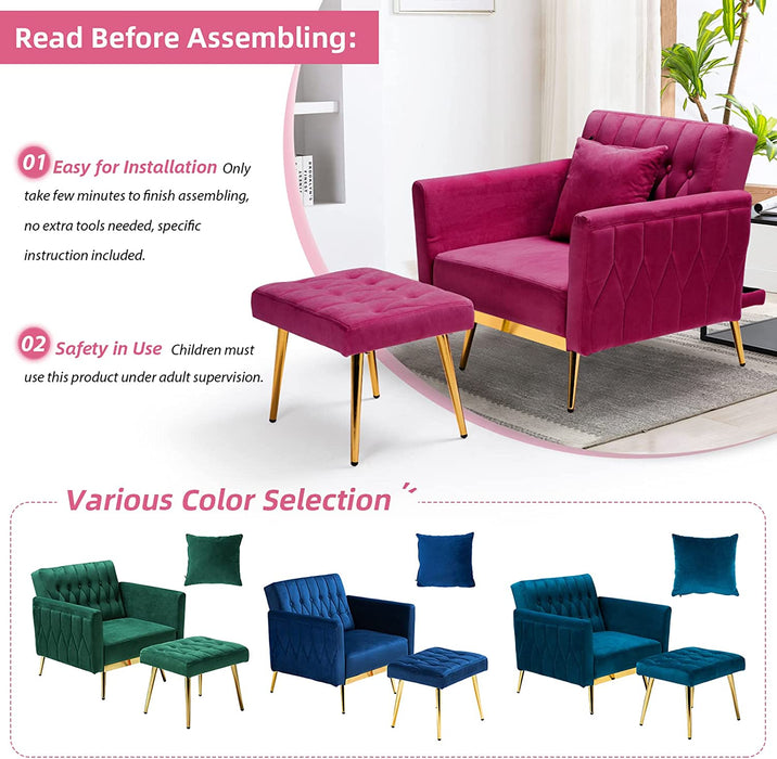 Velvet Accent Chair with Adjustable Armrests, Fuchsia