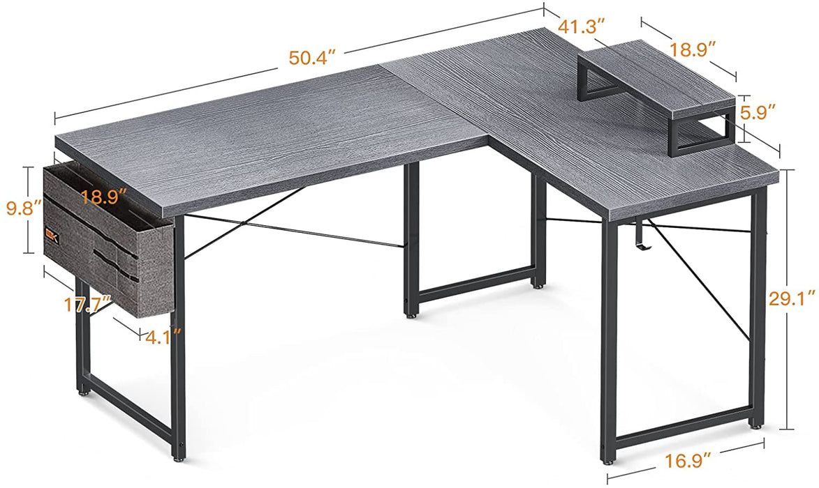 Iron Gray L-Shaped Gaming Desk with Monitor Shelf