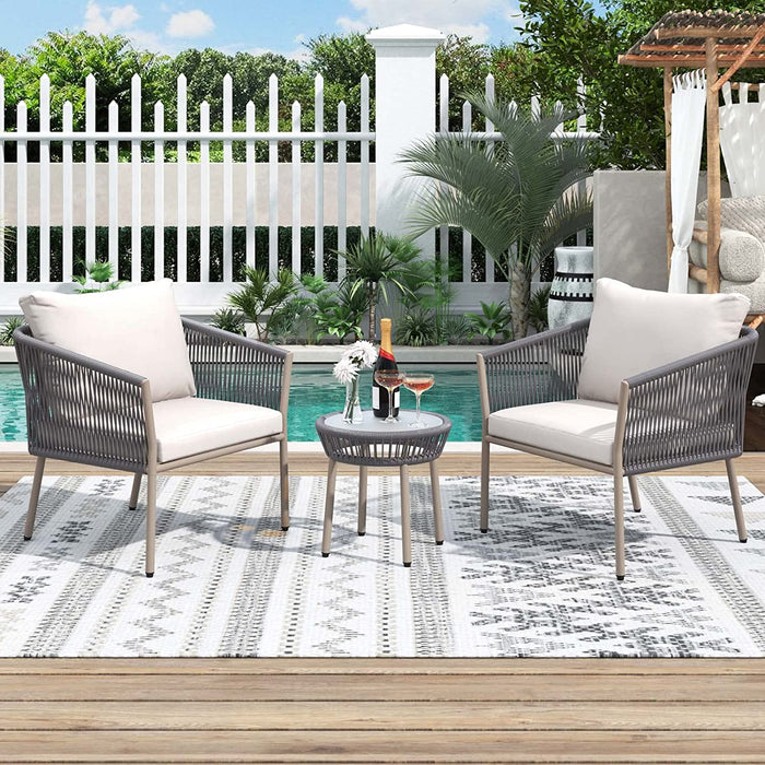 3 Pieces Outdoor Patio Set, Outdoor Woven Rope Patio Furniture Sets with 2 Single Chairs & 1 Coffee Table for Garden Backyard Balcony Porch Indoor (Gray)