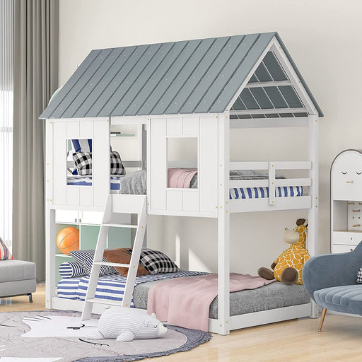 Twin House Bunk Bed with Playhouse, White and Gray