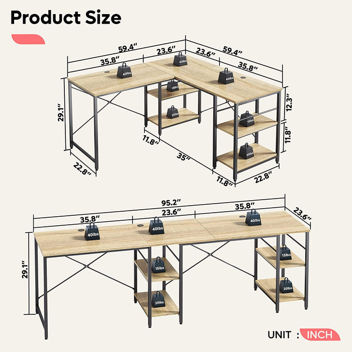 Large Oak L-Shaped Desk with Shelves