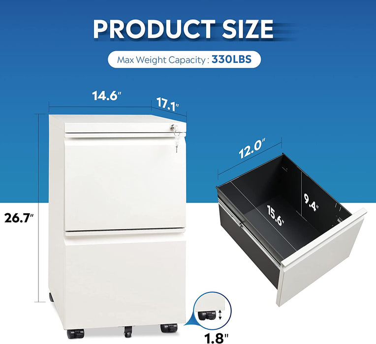 White Lockable Mobile File Cabinet - 2 Drawers