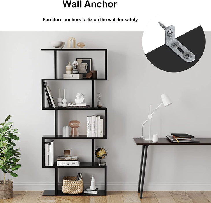 Modern S-Shaped Black Bookcase for Multifunctional Storage