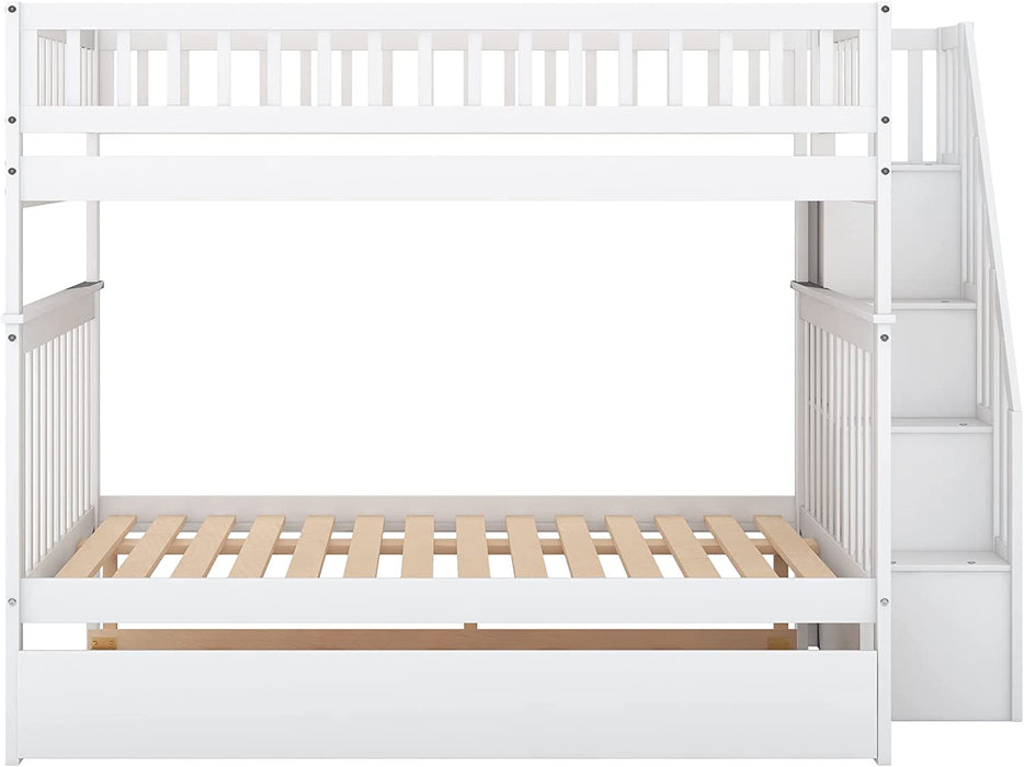 White Full Bunk Bed with Trundle, Staircase, and Bookcase