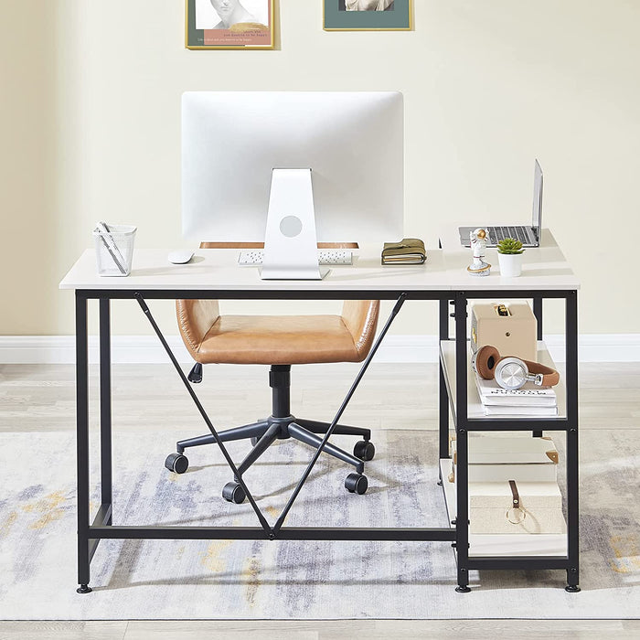 Small L-Shaped Desk with Storage Shelf, White