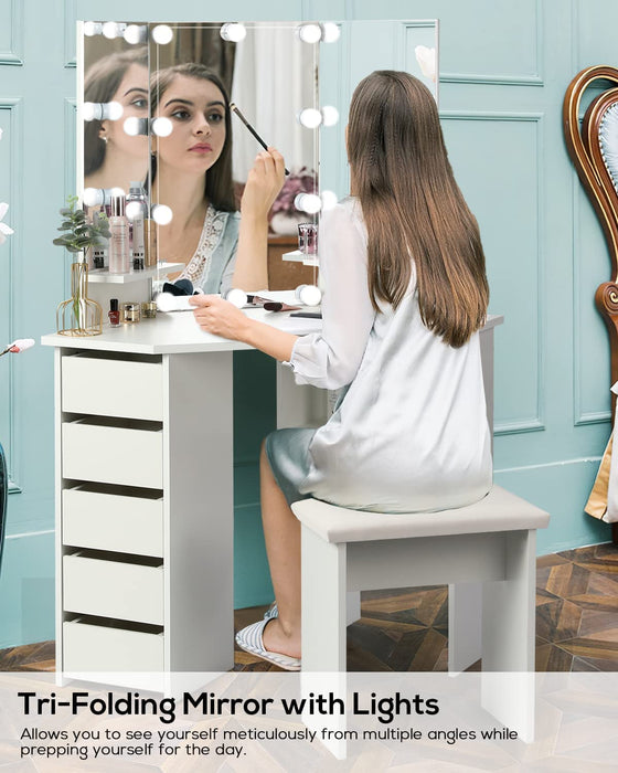 Vanity Desk Set with Lighted Mirror & Shelves