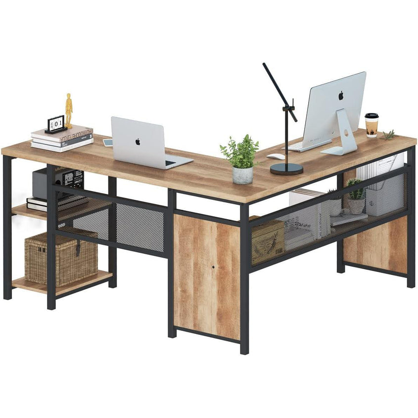 Rustic Industrial LShaped Desk with Reversible Shelf and Storage