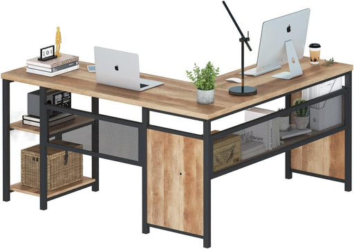 Rustic Industrial L-Shaped Office Desk with Shelves