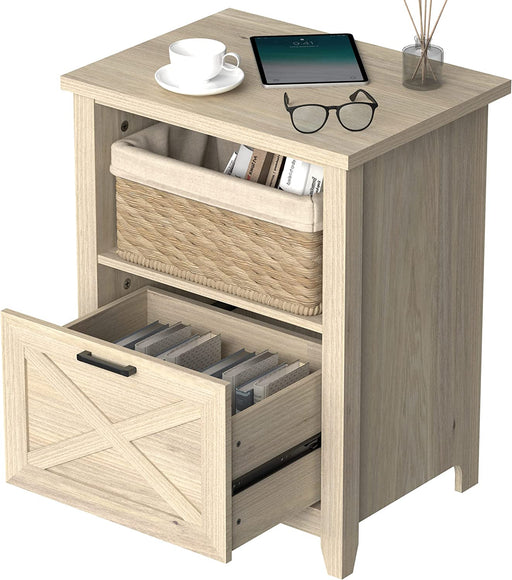 Beige Wood Nightstand with Storage Drawer and Cubby