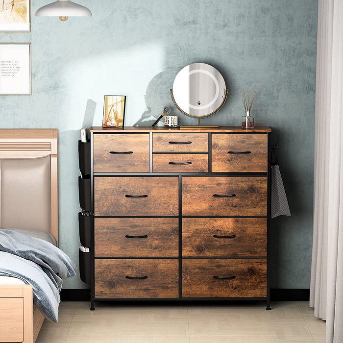 Rustic Brown 10-Drawer Chest of Drawers with Side Pockets