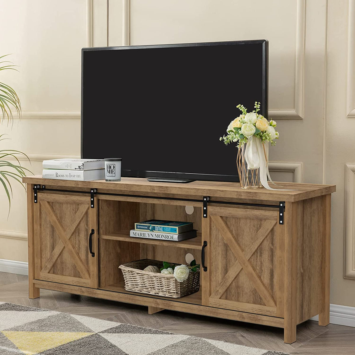 Rustic Barn Door TV Stand with Large Storage