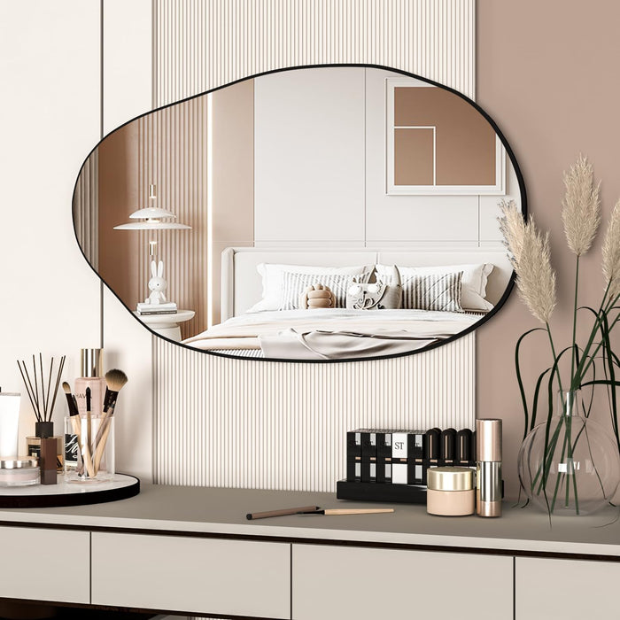 Irregular Wall Mirror, Asymmetrical Mirror, Large Vanity Mirror for Wall Decoration, Modern Wood Framed Mirror for Living Room Bedroom Bathroom Entryway Mirror, 33.5"×20.5"