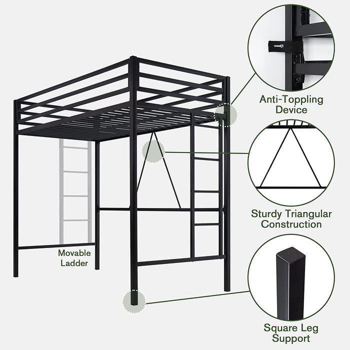 Matte Black Twin Size Loft Bed with Guardrail and Ladder
