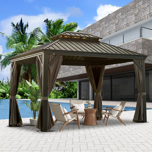 10’ X 12’ Hardtop Gazebo, Outdoor Aluminum Frame Canopy with Galvanized Steel Double Roof, Outdoor Permanent Metal Pavilion with Curtains and Netting for Patio, Backyard and Lawn