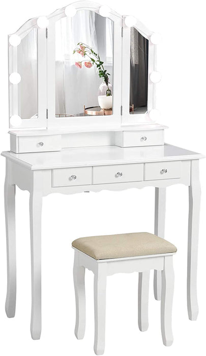 PAKASEPT Corner Vanity Set with Three-Fold Mirror & 10 Light Bulbs, Makeup  Desk with 4 Storage Drawers for Women, Desk Vanity Set for Small Spaces,  Bedroom 