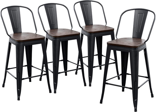 High Back Metal Barstools Set of 4, Wooden Seat