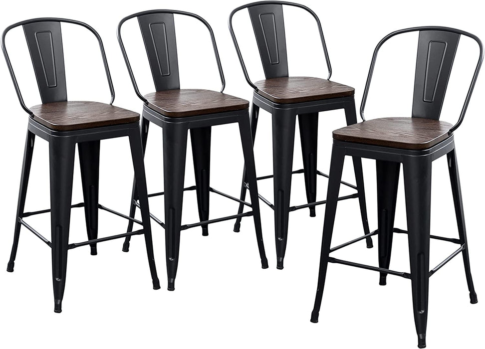 High Back Metal Barstools Set of 4, Wooden Seat