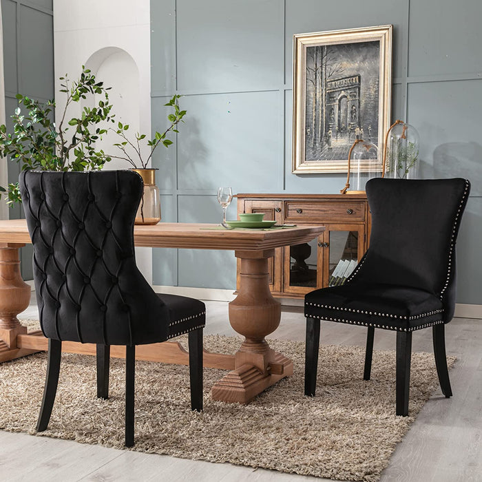 Set of 2 Black Velvet Tufted Upholstered Dining Wingback High-End Chairs, Nailhead, Solid Wood Legs
