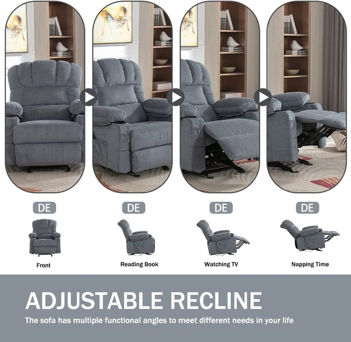 Massage Rocker Recliner with Heat, Fabric, 2 Cup Holders, Pocket