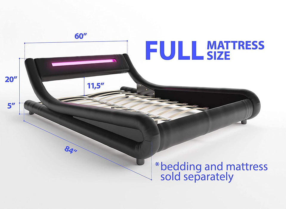 Black Full Modern Curved Upholstered Platform Bed Frame W/ LED Lights Headboard