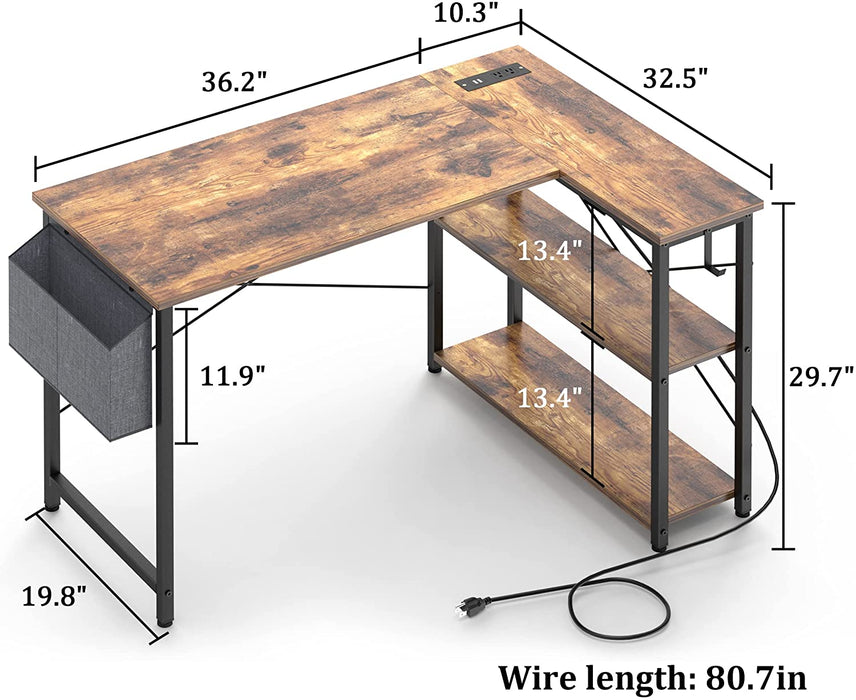 Rustic L-Shaped Desk with Outlets & USB Ports