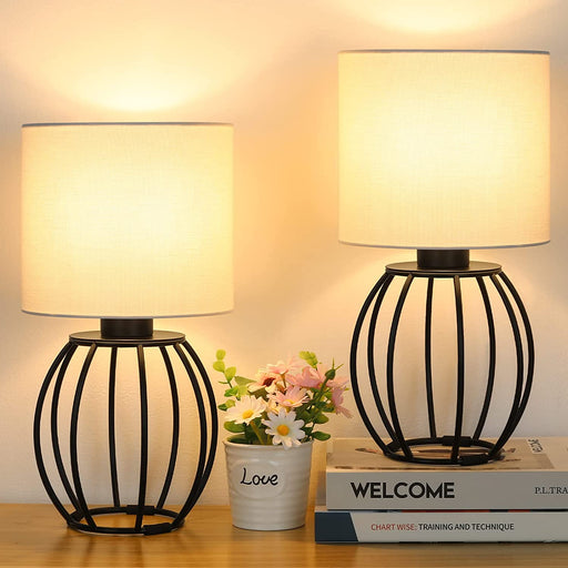 Modern White Fabric Shade Table Lamp with Black Base Set of 2
