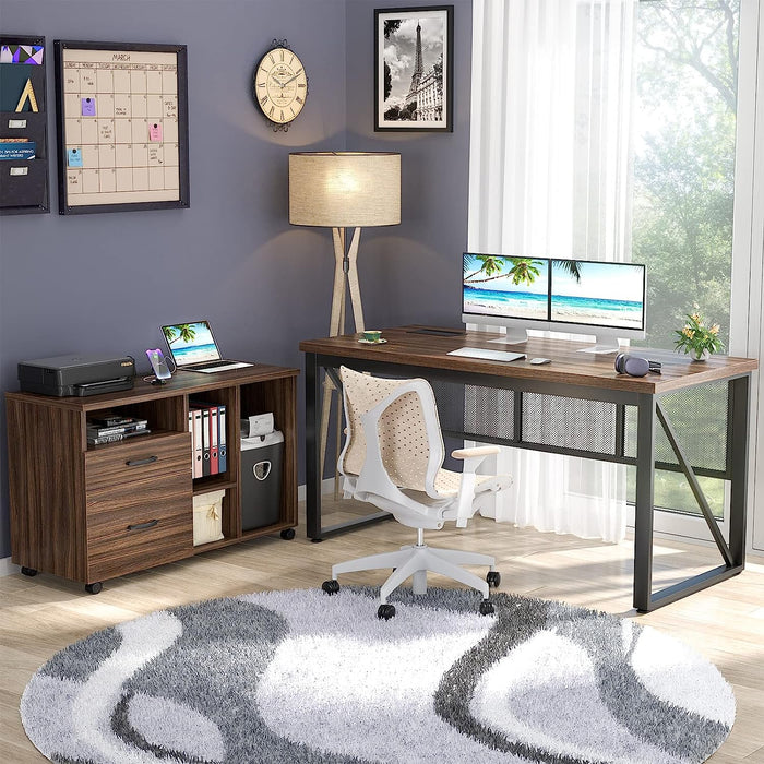 Rustic Oak L-Shaped Executive Desk with Cabinet