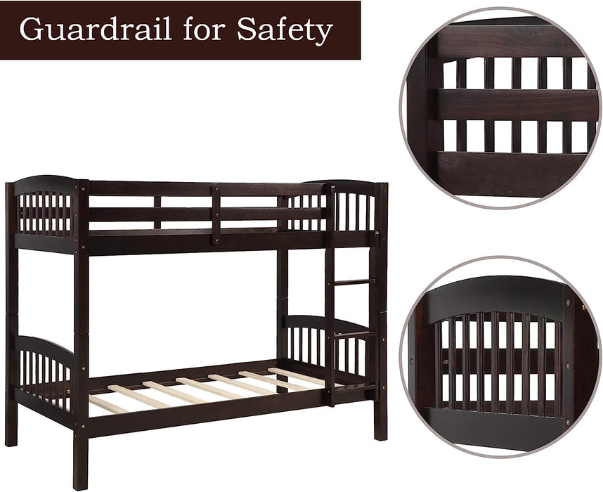 Solid Wood Twin Bunk Bed W/ Guardrail, Espresso